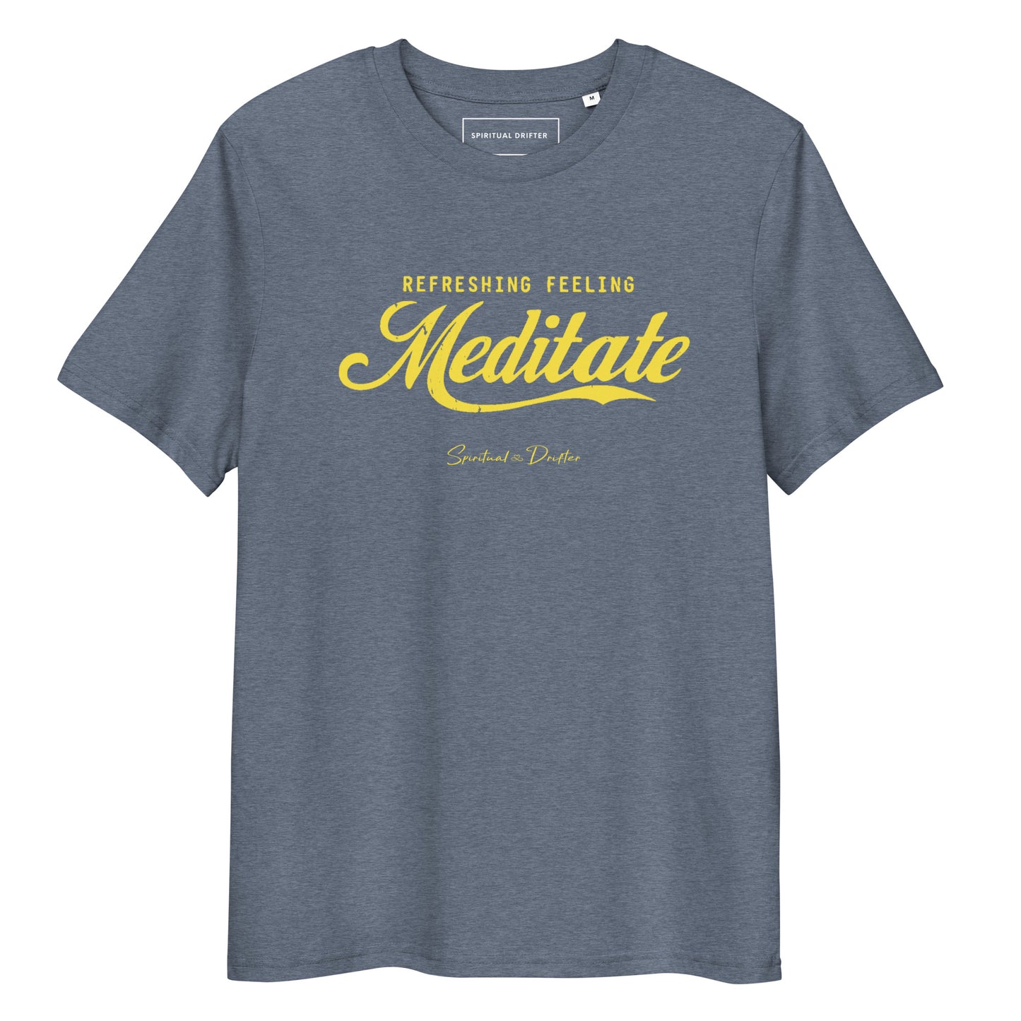Spiritual Drifter Meditate organic cotton t-shirt in dark heather blue – soft minimalist spiritual clothing for mindfulness and conscious living