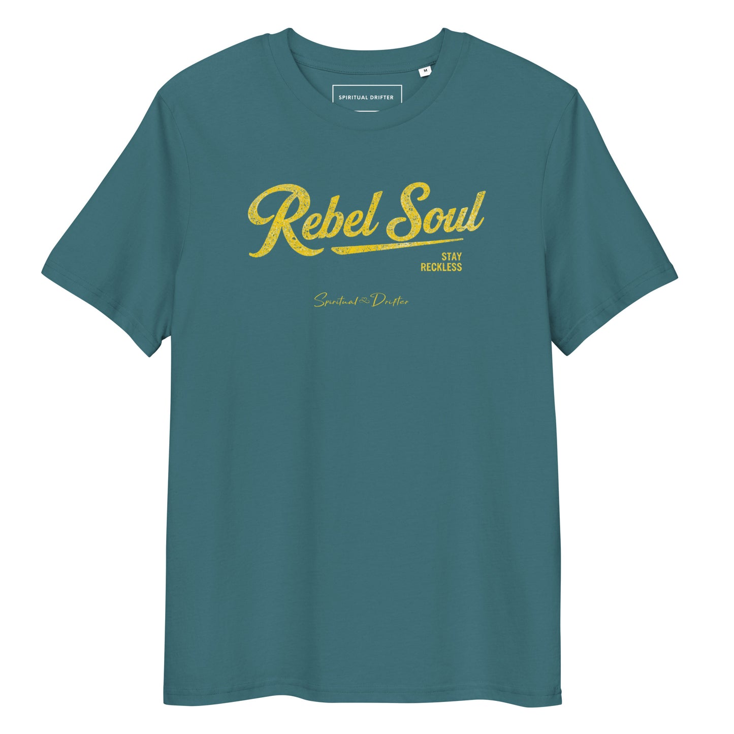 Spiritual Drifter Rebel Soul graphic organic cotton t-shirt in green. Elevated spiritual apparel inspired by meditation, mindfulness, yoga, positive vibes, law of attraction and conscious living.