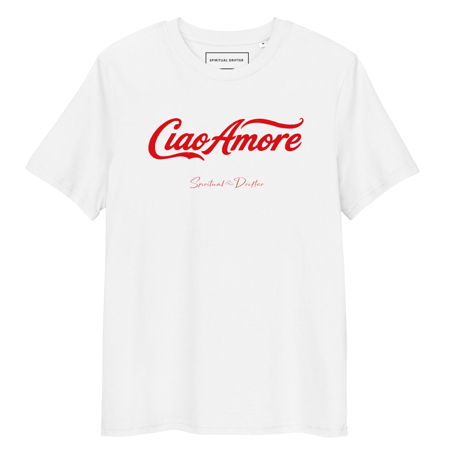 Spiritual Drifter Ciao Amore organic cotton t-shirt in white – elevated spiritual apparel inspired by mindfulness, coherence, love and conscious living