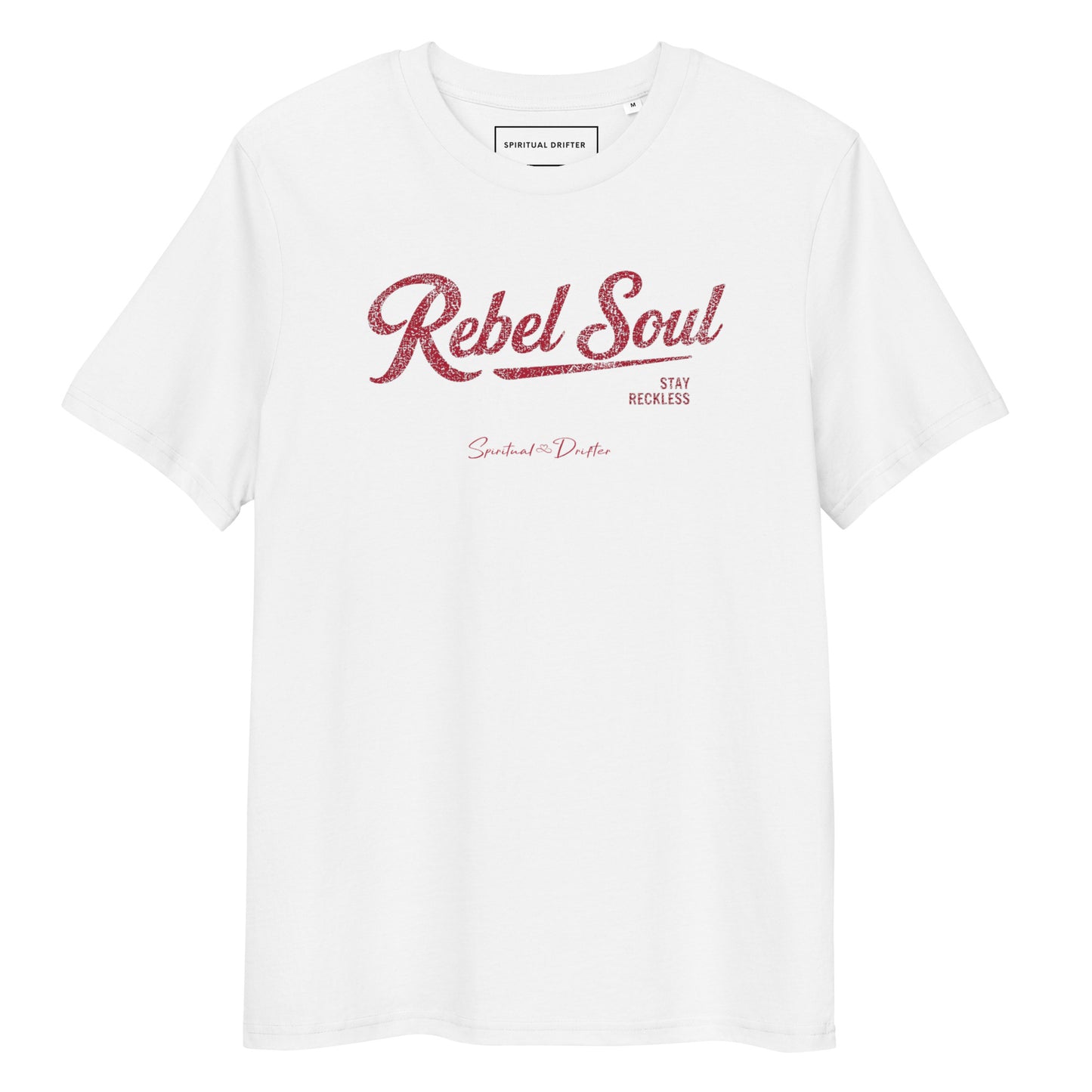 Spiritual Drifter Rebel Soul graphic organic cotton t-shirt in white. Elevated spiritual apparel inspired by meditation, mindfulness, yoga, positive vibes, law of attraction and conscious living.