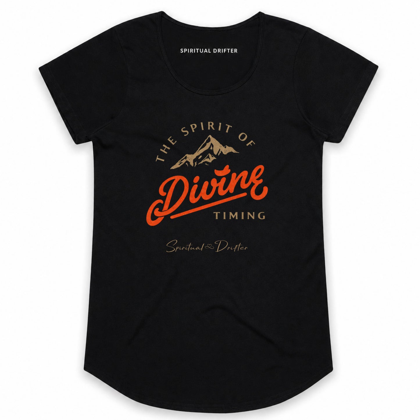 Spiritual Drifter The Spirit of Divine Timing black cotton t-shirt. Elevated, manifestation vibes, Spiritual apparel inspired by meditation, the field of consciousness, divine timing and conscious living.