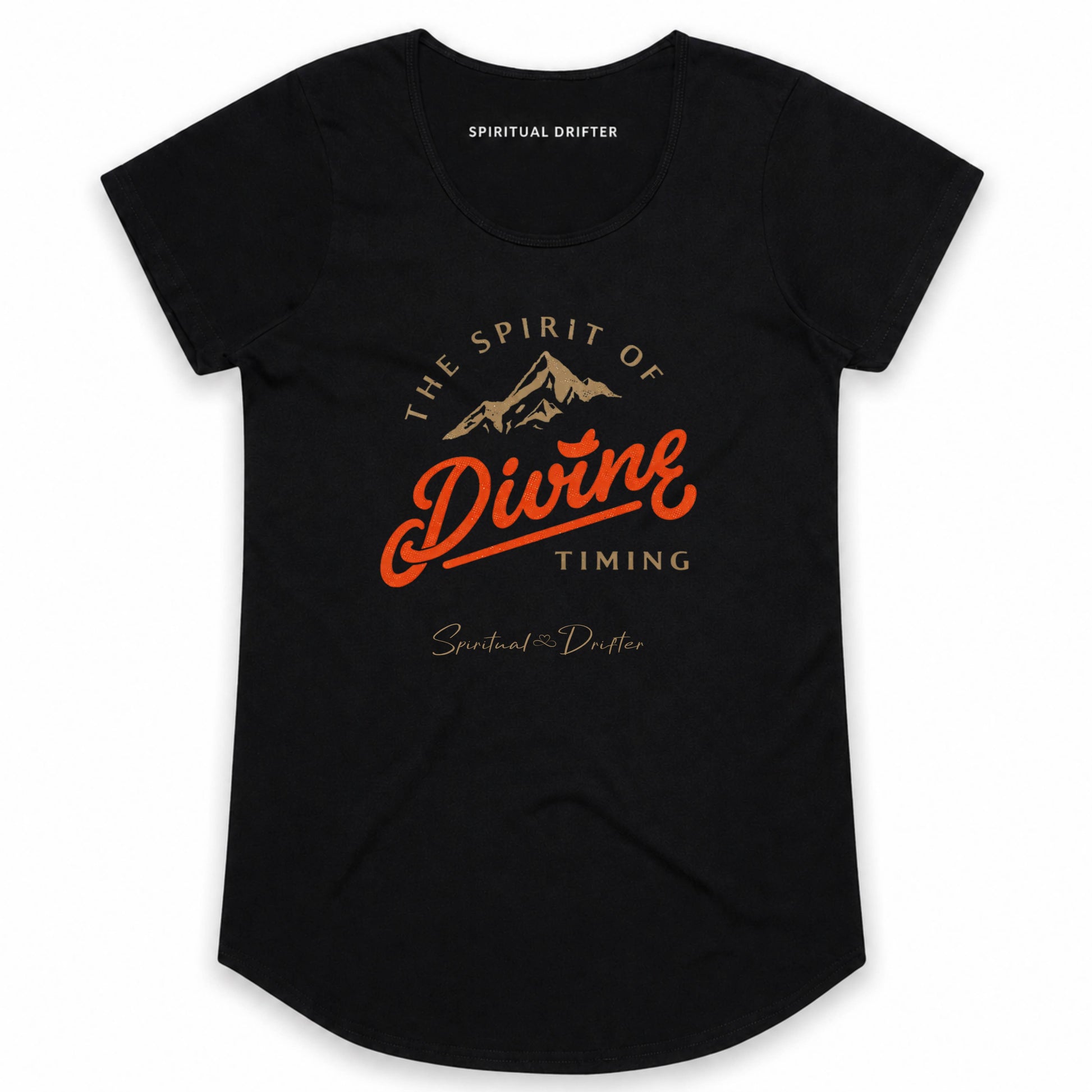 Spiritual Drifter The Spirit of Divine Timing black cotton t-shirt. Elevated, manifestation vibes, Spiritual apparel inspired by meditation, the field of consciousness, divine timing and conscious living.