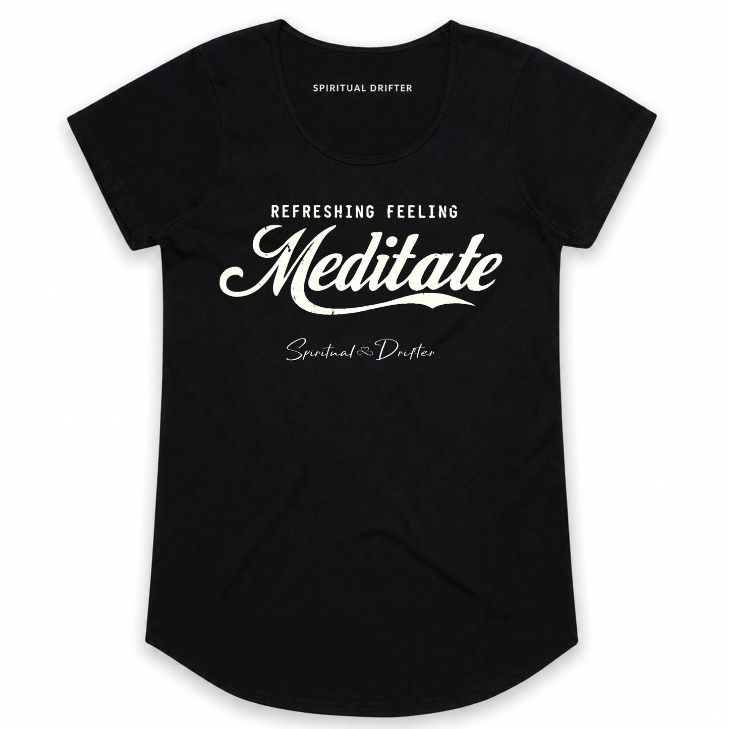 Spiritual Drifter Meditate Refreshing Feeling graphic curved hem, capped sleeved cotton t-shirt in black. Elevated spiritual apparel inspired by meditation, mindfulness, yoga, positive vibes, law of attraction and conscious living.