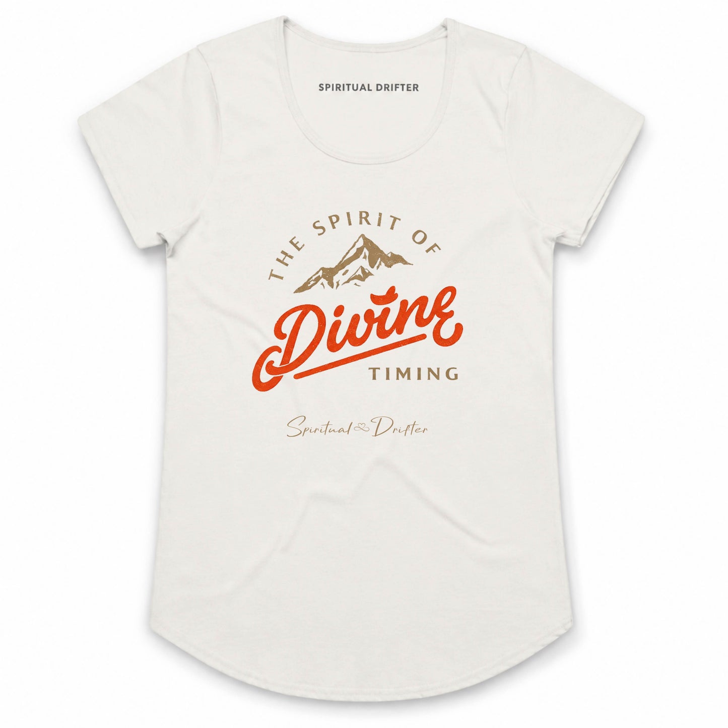 Spiritual Drifter The Spirit of Divine Timing white cotton t-shirt. Elevated, manifestation vibes, Spiritual apparel inspired by meditation, the field of consciousness, divine timing and conscious living.