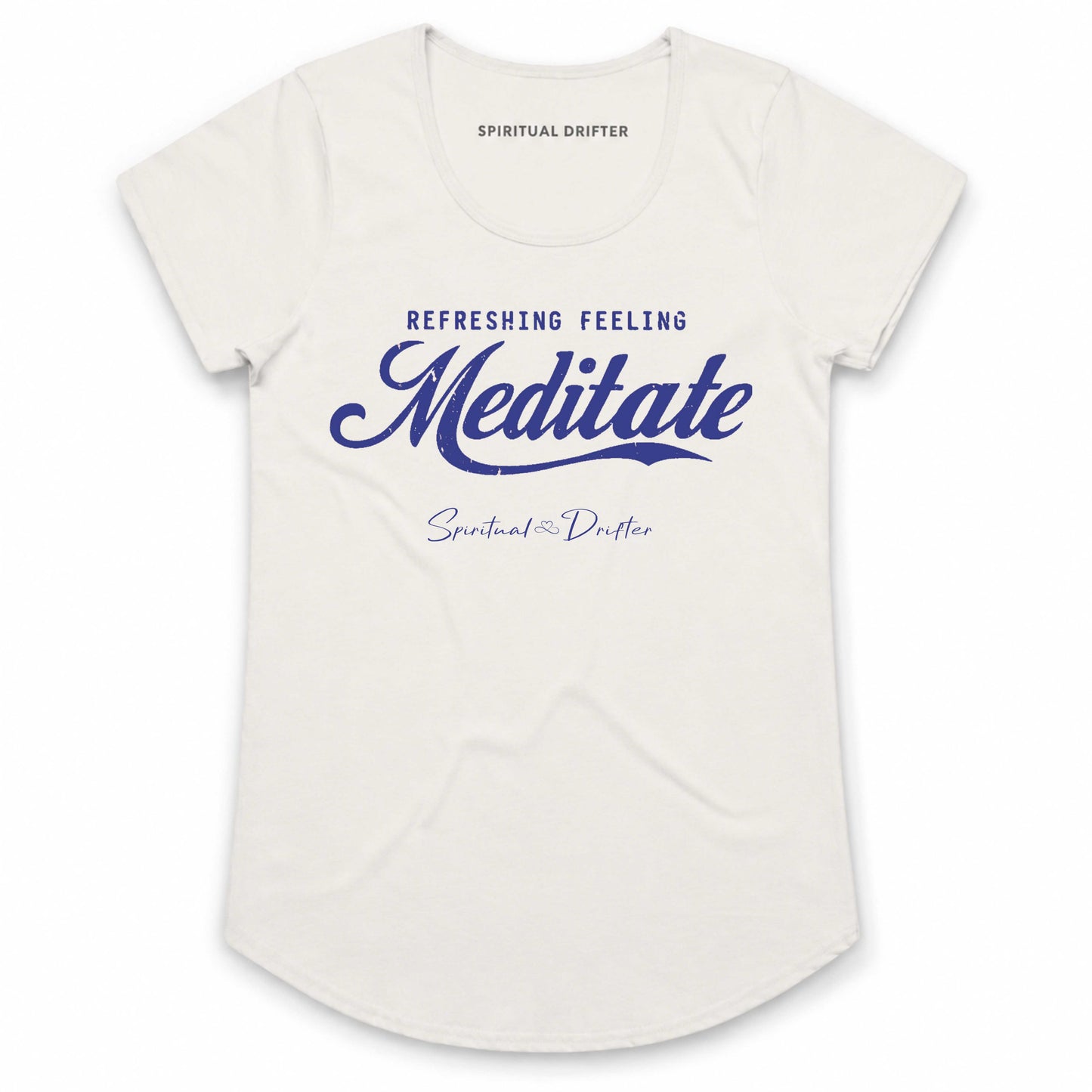 Spiritual Drifter Meditate Refreshing Feeling graphic curved hem, capped sleeved cotton t-shirt in natural. Elevated spiritual apparel inspired by meditation, mindfulness, yoga, positive vibes, law of attraction and conscious living.