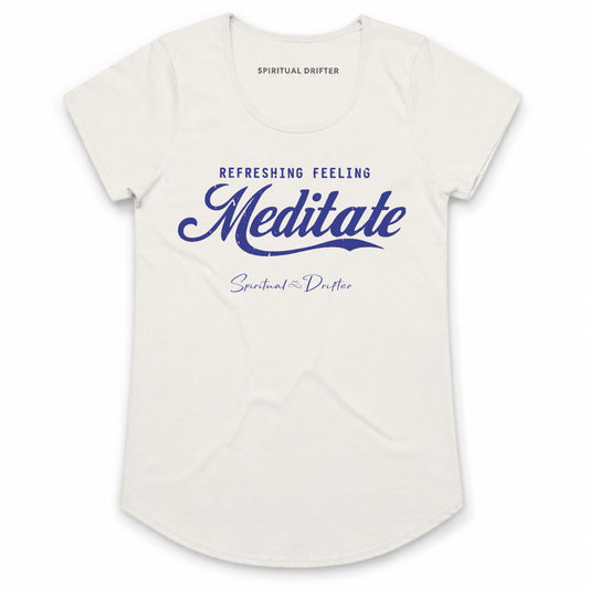 Spiritual Drifter Meditate Refreshing Feeling graphic curved hem, capped sleeved cotton t-shirt in natural. Elevated spiritual apparel inspired by meditation, mindfulness, yoga, positive vibes, law of attraction and conscious living.
