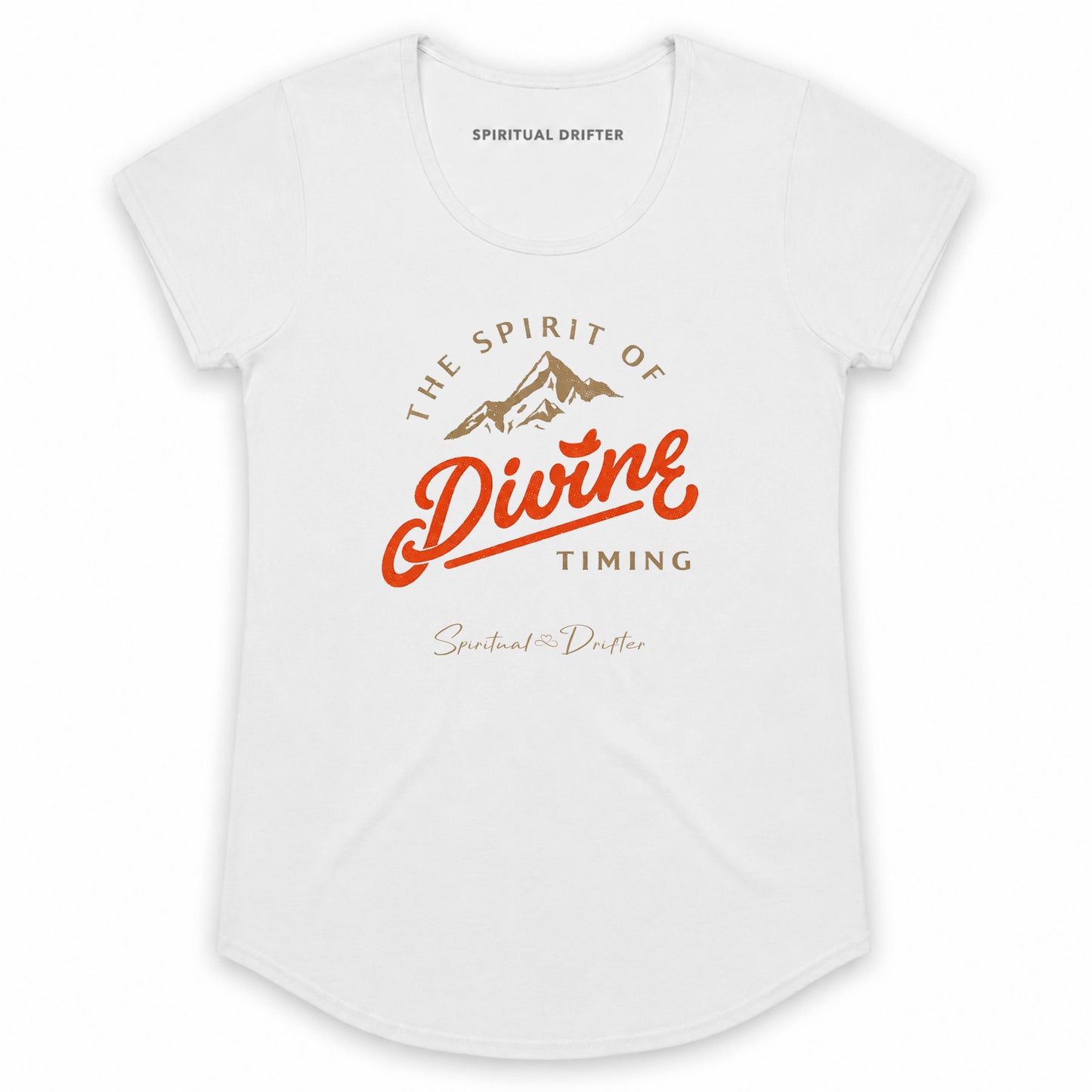 Spiritual Drifter The Spirit of Divine Timing white cotton t-shirt. Elevated, manifestation vibes, Spiritual apparel inspired by meditation, the field of consciousness, divine timing and conscious living.