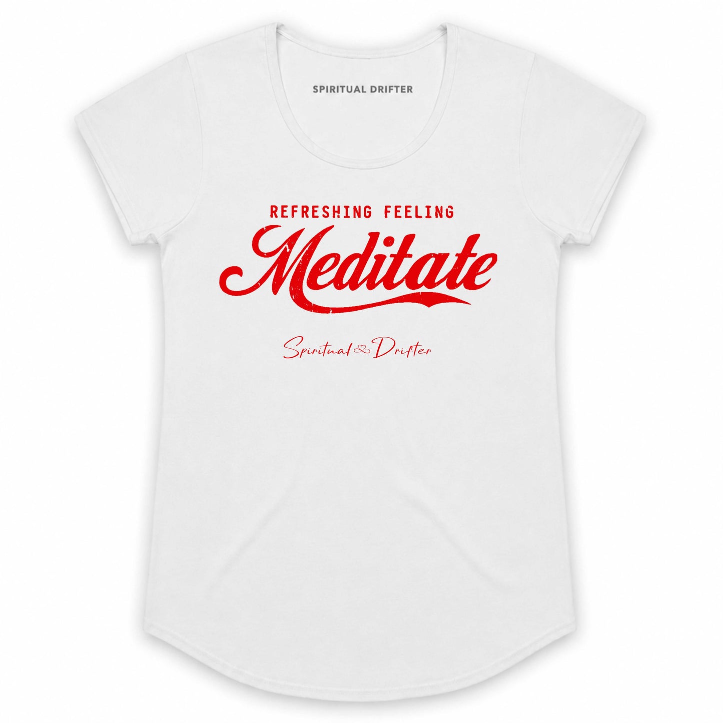 Spiritual Drifter Meditate Refreshing Feeling graphic curved hem, capped sleeved cotton t-shirt in white. Elevated spiritual apparel inspired by meditation, mindfulness, yoga, positive vibes, law of attraction and conscious living.