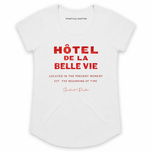 Spiritual Drifter Hotel de la Belle Vie graphic cotton t-shirt in white and red. Elevated spiritual apparel inspired by meditation, mindfulness, yoga, positive vibes, law of attraction and conscious living.