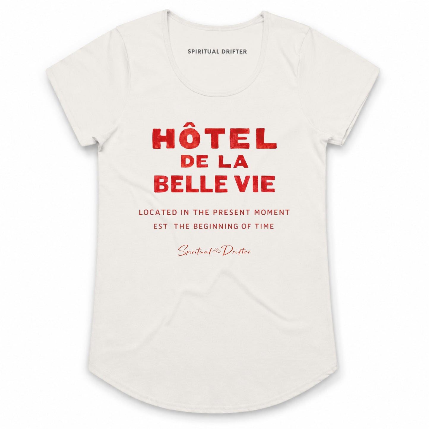 Spiritual Drifter Hotel de la Belle Vie graphic cotton t-shirt in natural and red. Elevated spiritual apparel inspired by meditation, mindfulness, yoga, positive vibes, law of attraction and conscious living.