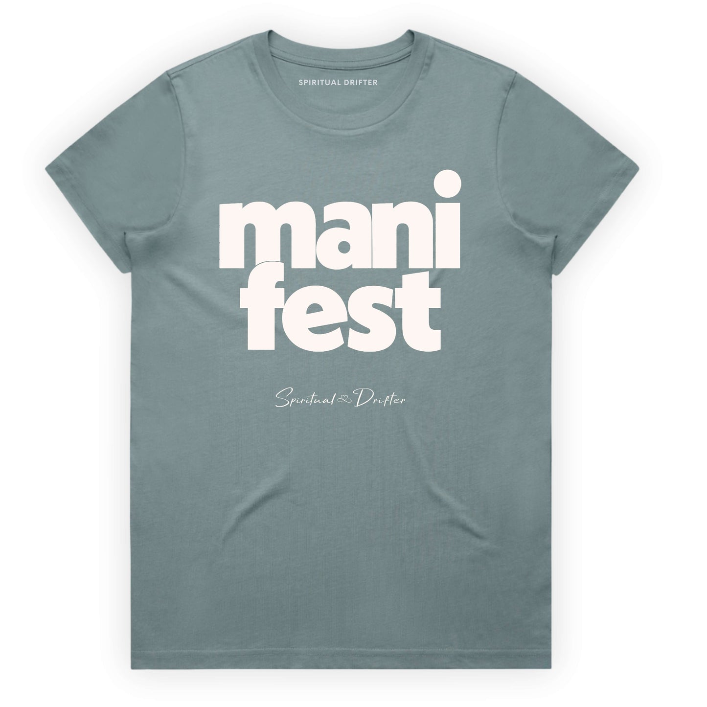 Slate blue t-shirt with 'manifest' text on a white background