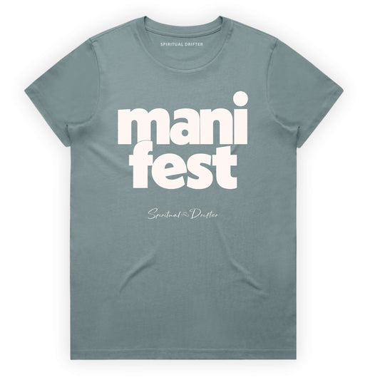Slate blue t-shirt with 'manifest' text on a white background