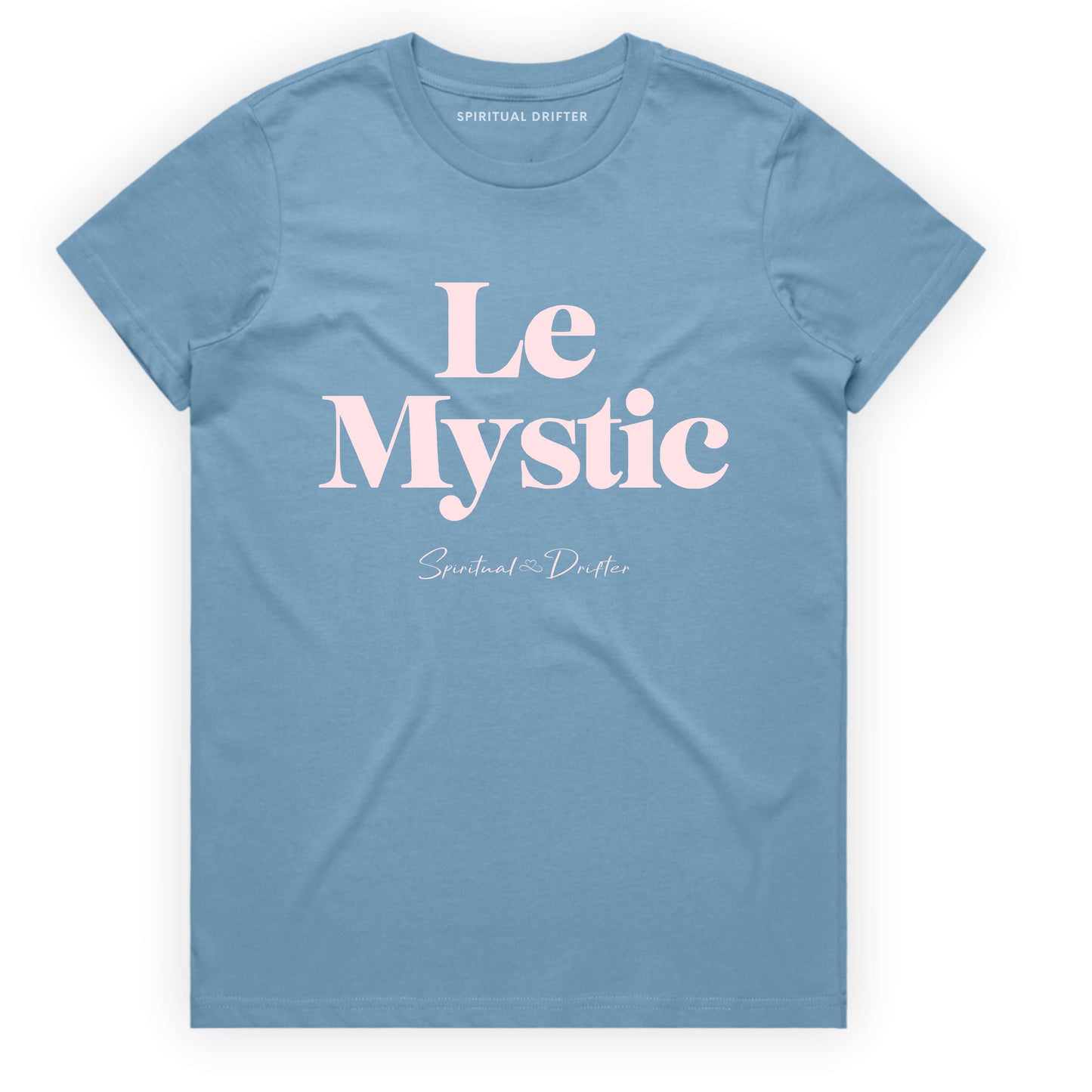 Spiritual Drifter “Le Mystic” graphic feminine 100% cotton t-shirt in light blue. Spiritual lifestyle, positive vibes, aligned, positive mindset, conscious living clothing. Spiritual apparel inspired by modern mysticism, meditation, quantum reality, time line shifts, bending reality, manifestation and conscious living. Yoga and meditation clothing for awakened souls.