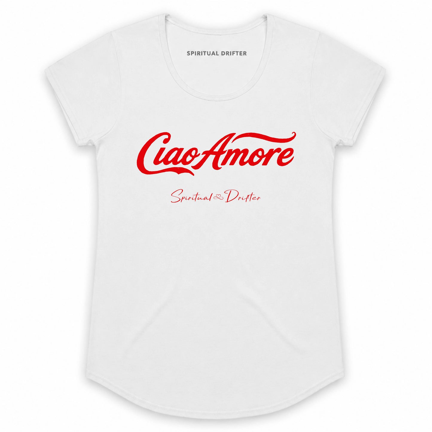 White t-shirt with red 'Ciao Amore' text on a white background