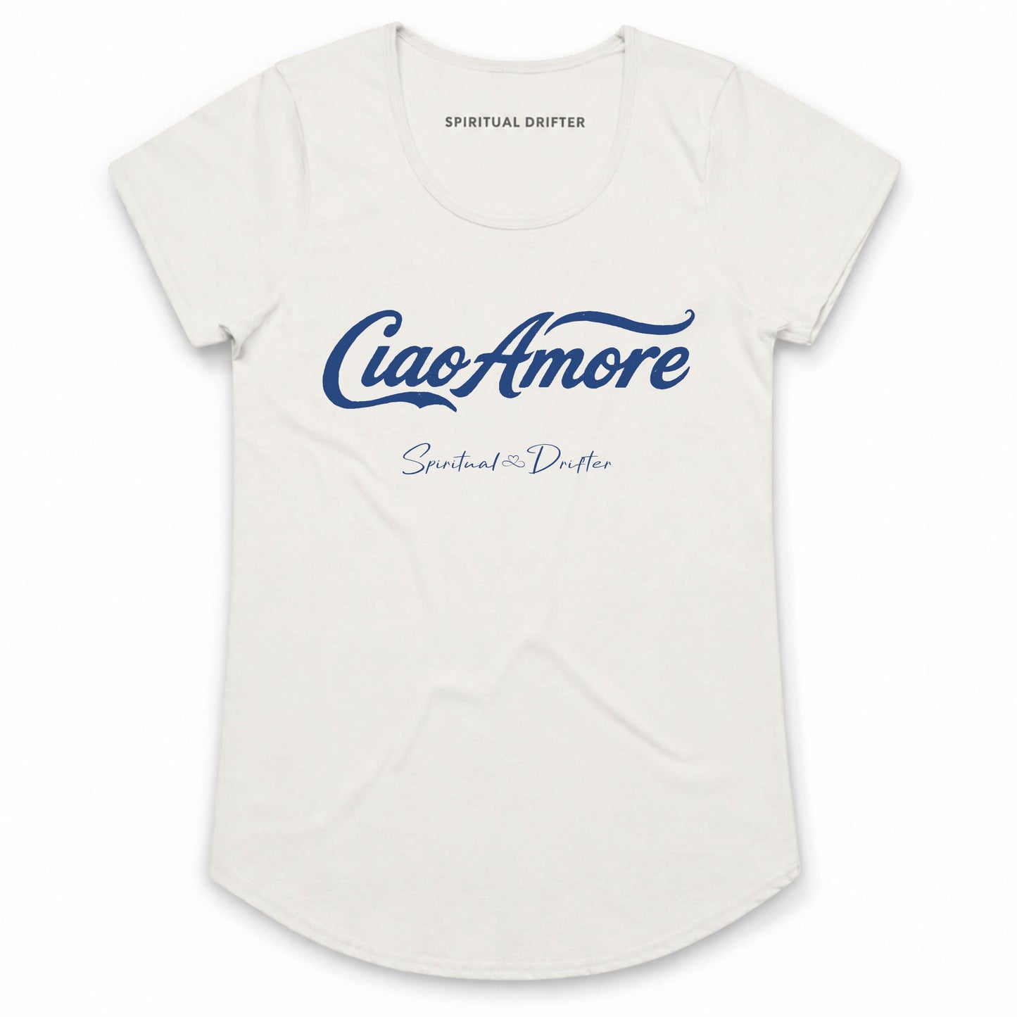 Natural Spiritual Drifter t-shirt with 'Ciao Amore' text on a white background