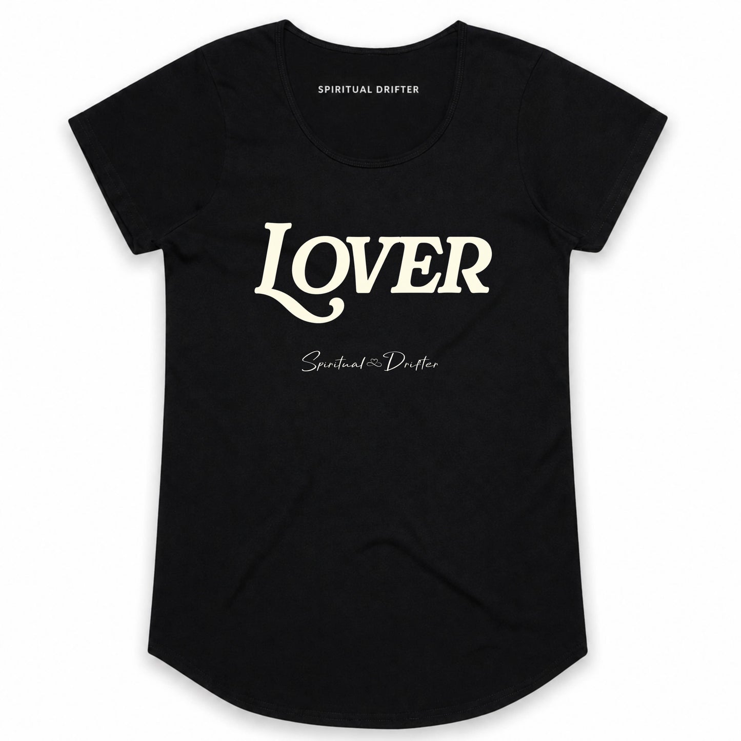 Spiritual Drifter “Lover” graphic curved hem, capped sleeved cotton t-shirt in black with cream graphics. Spiritual lifestyle, positive vibes, aligned, positive mindset, conscious living clothing.
