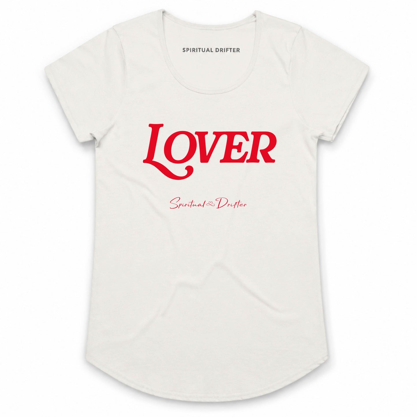 Spiritual Drifter “Lover” graphic curved hem, capped sleeved cotton t-shirt in natural off white with red graphics. Spiritual lifestyle, positive vibes, aligned, positive mindset, conscious living clothing.