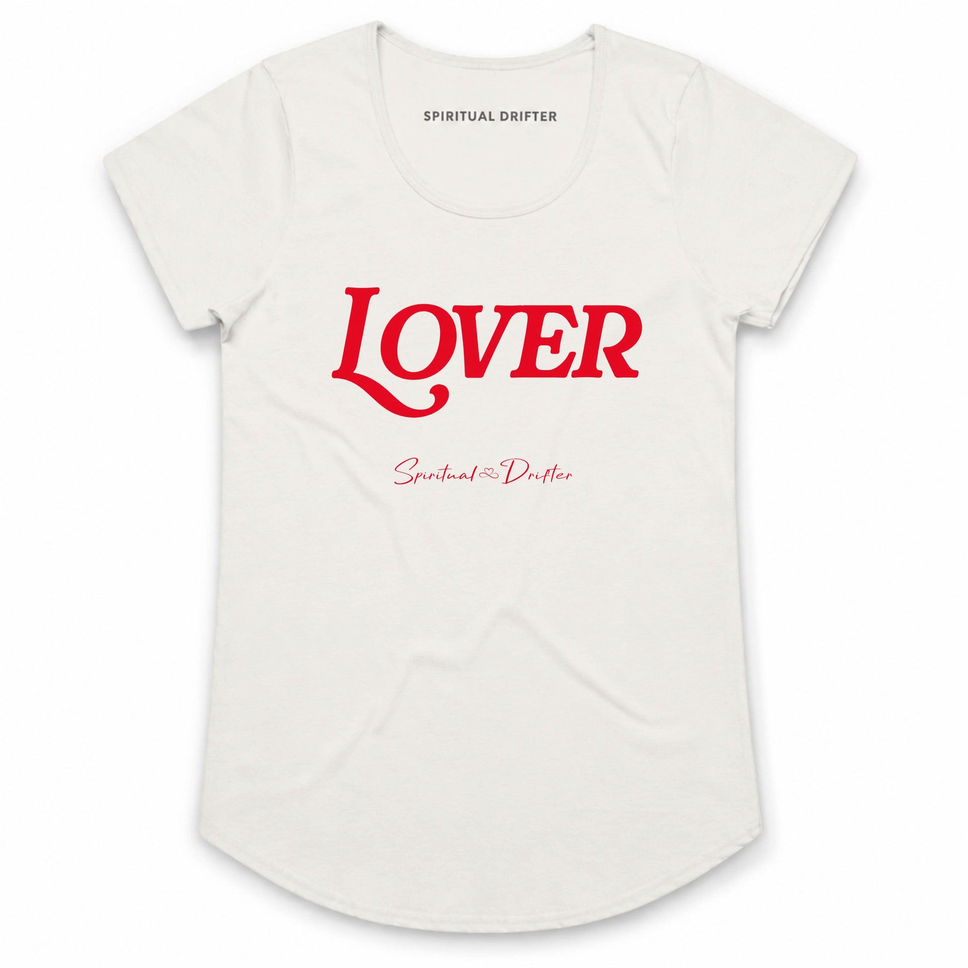 Spiritual Drifter “Lover” graphic curved hem, capped sleeved cotton t-shirt in natural off white with red graphics. Spiritual lifestyle, positive vibes, aligned, positive mindset, conscious living clothing.
