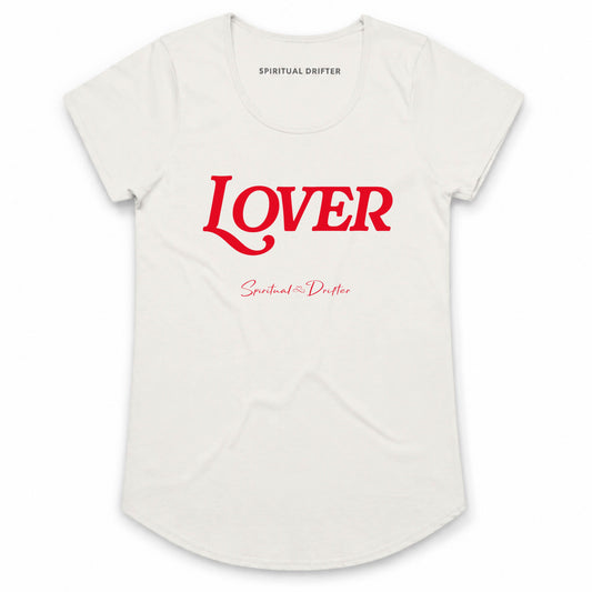 Spiritual Drifter “Lover” graphic curved hem, capped sleeved cotton t-shirt in natural off white with red graphics. Spiritual lifestyle, positive vibes, aligned, positive mindset, conscious living clothing.