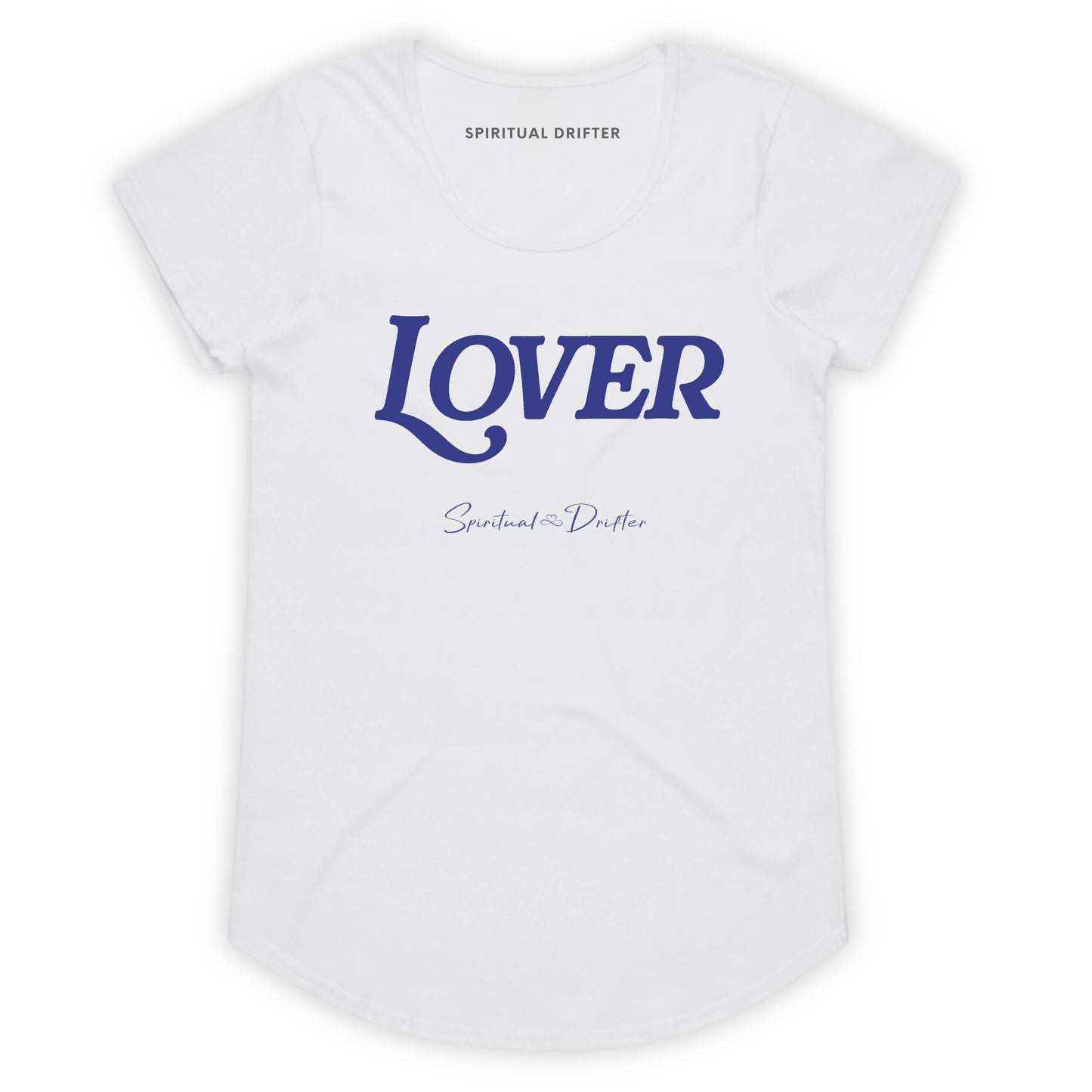 Spiritual Drifter “Lover” graphic curved hem, capped sleeved cotton t-shirt in white with blue graphics. Spiritual lifestyle, positive vibes, aligned, positive mindset, conscious living clothing.