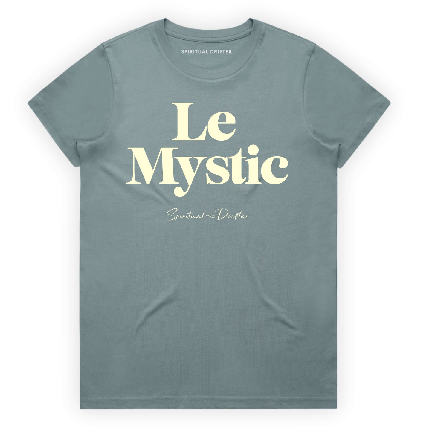 Spiritual Drifter “Le Mystic” graphic feminine 100% cotton t-shirt in mineral blue. Spiritual lifestyle, positive vibes, aligned, positive mindset, conscious living clothing. Spiritual apparel inspired by modern mysticism, meditation, quantum reality, time line shifts, bending reality, manifestation and conscious living. Yoga and meditation clothing for awakened souls.