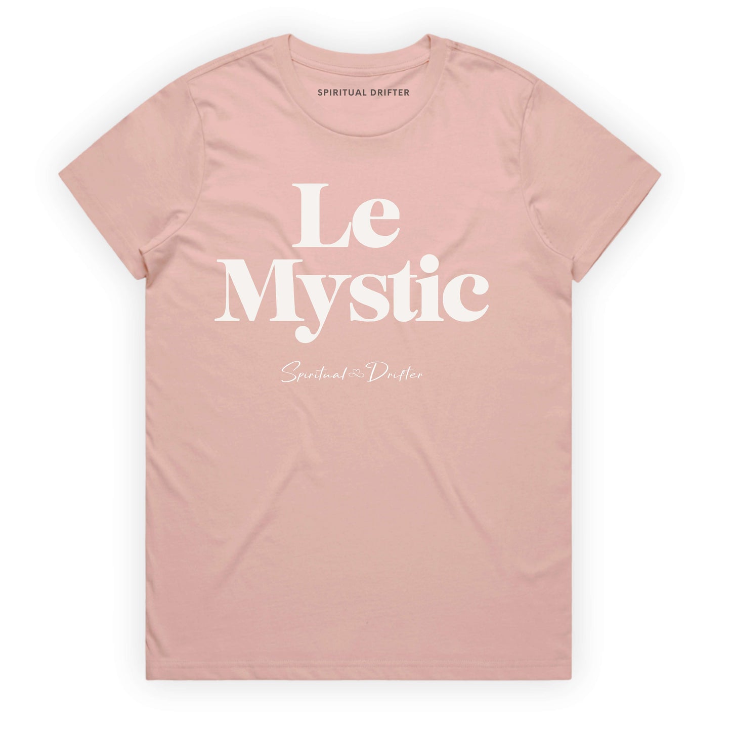Spiritual Drifter “Le Mystic” graphic feminine 100% cotton t-shirt in pale pink. Spiritual lifestyle, positive vibes, aligned, positive mindset, conscious living clothing. Spiritual apparel inspired by modern mysticism, meditation, quantum reality, time line shifts, bending reality, manifestation and conscious living. Yoga and meditation clothing for awakened souls.